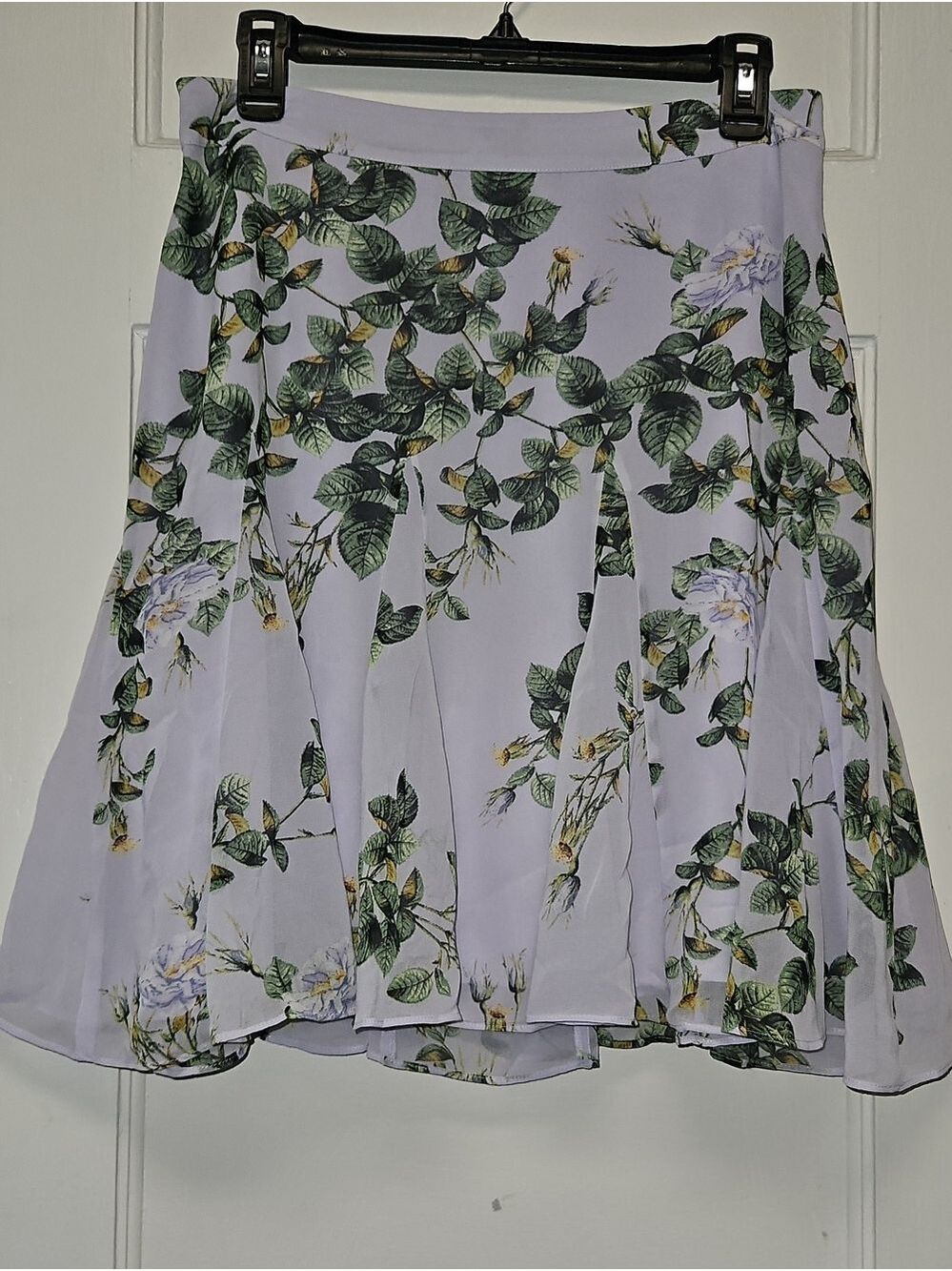 White House Black Market Lavender Floral Circle Skirt with Green Leaf Print